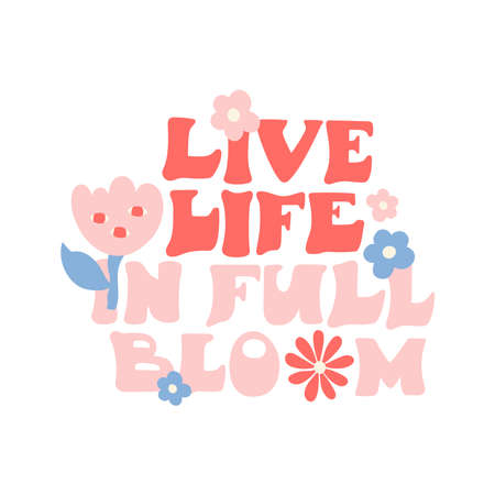 Live life in full bloom - cute pink hand drawn lettering decorated with daisy flowers. Vector isolated on white background.のイラスト素材