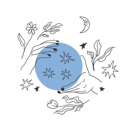 Magical decorative illustration with hands holding ball. Vector freehand drawing. For prints, stickers, cards, etc.のイラスト素材