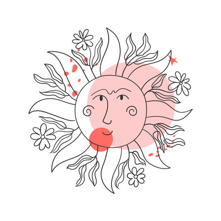 Linear sun illustration with flowers and leaves decorated with red organic spots. For prints, stickers, cards, etc. Vector freehand drawing.のイラスト素材