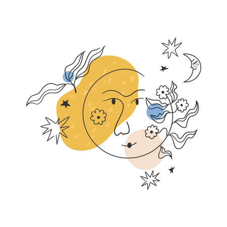 Round face decorated with leaves and daisy flowers, moon and stars. Decorative linear vector composition. Freehand drawing. For prints, stickers, cards, etc.のイラスト素材