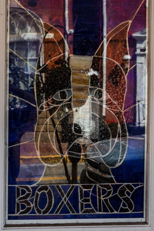Stained Glass Boxers Cafe Sign, Huntingdon, Pennsylvania, USAの写真素材