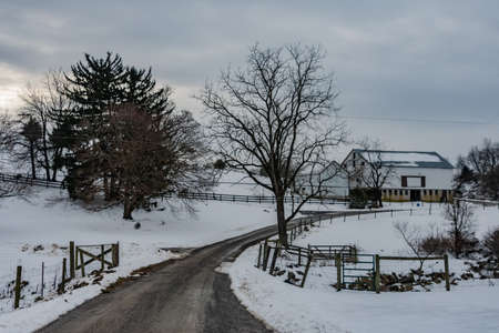 Country Lane and Barn After A Snowstorm, York County, Pennsylvania, USAの写真素材