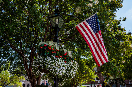 Photo of American Flag and Flowers, Old Town Alexandria, Virginia USAの写真素材