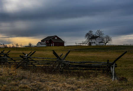Photo of a Winter Sunset and a Civil War Farm, Gettysburg National Military Park, Pennsylvania, USAのeditorial素材