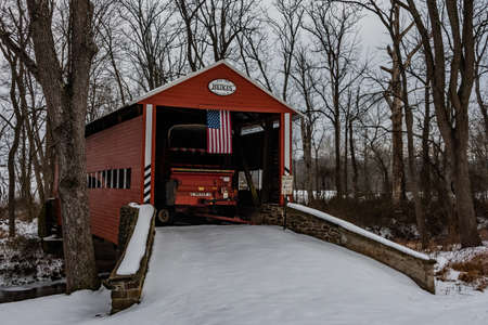 Historic Adams County Covered Bridge. The Heikes Covered Bridge is a historic covered bridge in Huntington Township, Adams County, Pennsylvania. It was built in 1892, and is a 67-foot-long, Burr truss bridge. The bridge crosses Bermudian Creek. It is one のeditorial素材