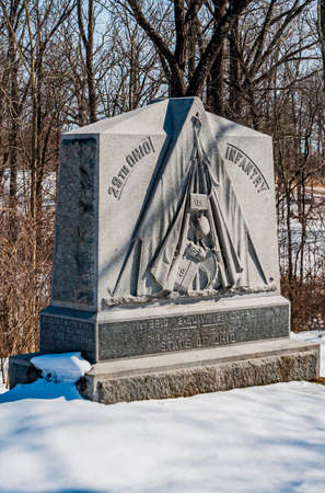 The 29th Ohio Volunteer Infantry Regiment Monument in Winter, Gettysburg National Military Park, Pennsylvania USAのeditorial素材