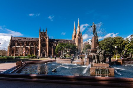 The Archibald Memorial Fountain and St. Mary's Cathedral, Sydneyのeditorial素材