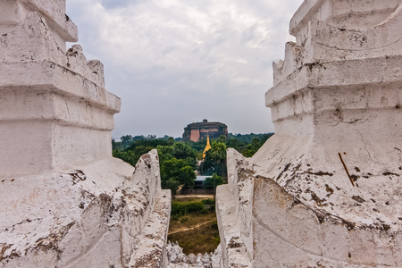 A view on the Mingun Stupa from the Hsinbyume Pagoda top, Mingun, Myanmarの写真素材