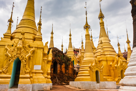 The restored stupas of Shwe Inn Dein Pagoda, Shan State, Myanmarの写真素材