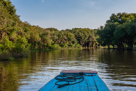 A boat floats through the channel in a mangrove bush on Tonle Sap Lake, Cambodiaの写真素材