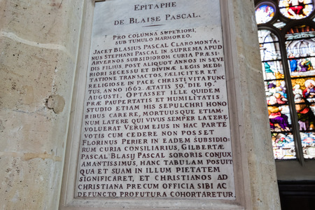 Blaise Pascal's epitaph in Saint-Ãtienne-du-Mont, where he was buriedのeditorial素材
