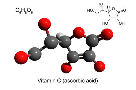 Chemical formula, structural formula and 3D ball-and-stick model of vitamin C (ascorbic acid), white...