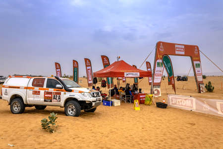 Horimlaa, Saudi Arabia - January 7, 2021: The start gate of Stage 5, Dakar Rallyのeditorial素材