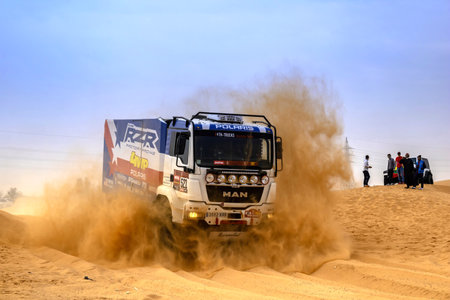 Horimlaa, Saudi Arabia - January 7, 2021: The MAN racing truck of Team Polaris RZR Factory Racing running Stage 5 of the 2021 Dakar Rallyのeditorial素材