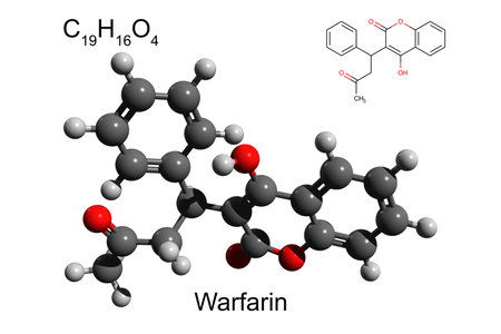 Chemical formula, skeletal formula, and 3D ball-and-stick model of warfarin, an anticoagulant drugの写真素材