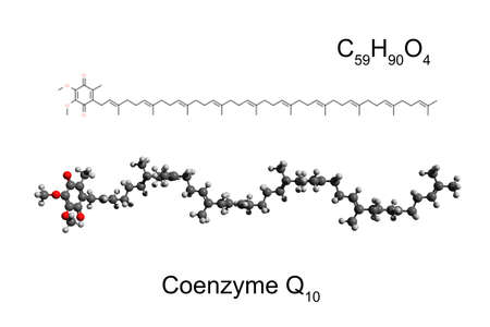 Chemical formula, skeletal formula, and 3D ball-and-stick model of coenzyme Q10 (ubiquinone), white backgroundの写真素材