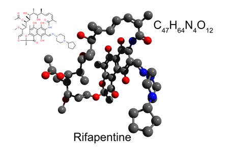 Chemical formula, structural formula and 3D ball-and-stick model of antibiotic rifapentine used for treatment of tuberculosis, white backgroundの写真素材