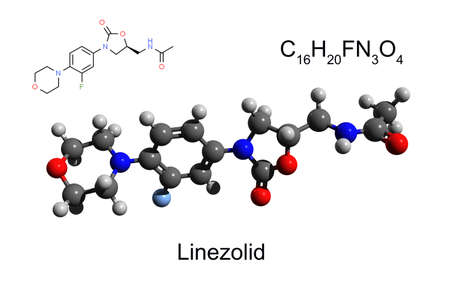 Chemical formula, structural formula and 3D ball-and-stick model of synthetic antibiotic linezolid, white backgroundの写真素材