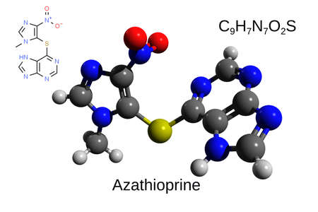 Chemical formula, structural formula and 3D ball-and-stick model of the immunosuppressive drug azathioprine, white backgroundの写真素材