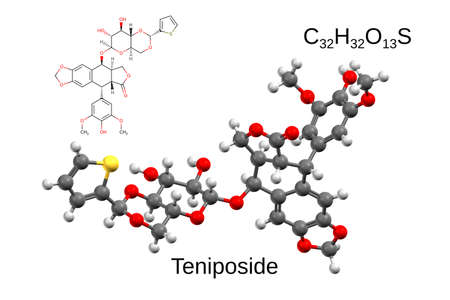 Chemical formula, structural formula and 3D ball-and-stick model of the anticancer drug teniposide, white backgroundの写真素材
