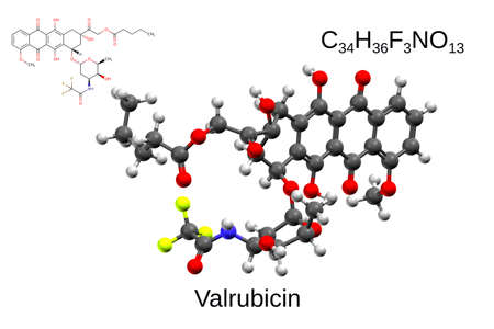 Chemical formula, structural formula and 3D ball-and-stick model of the anticancer drug valrubicin, white backgroundの写真素材