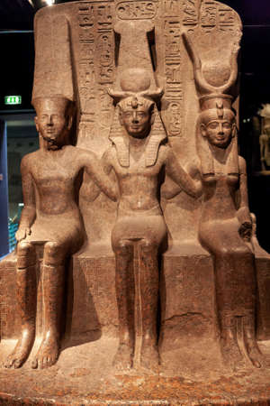 Turin, Italy - August 26, 2009: Statues of Ramesses II with Amun and Hathor in the Egyptian Museumのeditorial素材