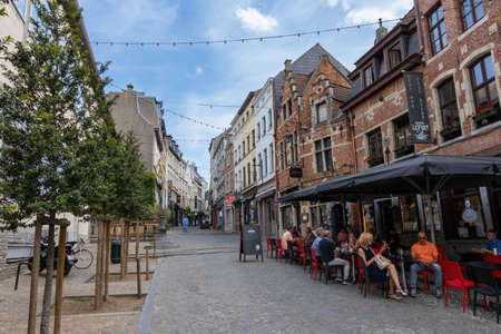 Brussels, Belgium - July 16, 2018: Rue de Rollebeek, a small street with cafes and restaurants in the downtownのeditorial素材
