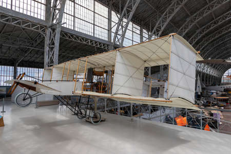 Brussels, Belgium - July 17, 2018: A replica of the Voisin Standard biplane (circa 1907) in the...