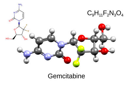 Chemical formula, skeletal formula, and 3D ball-and-stick model of chemotherapeutic drug gemcitabine, white backgroundの写真素材