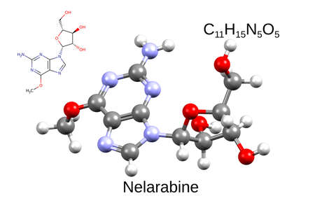 Chemical formula, skeletal formula, and 3D ball-and-stick model of chemotherapeutic drug nelarabine, white backgroundの写真素材