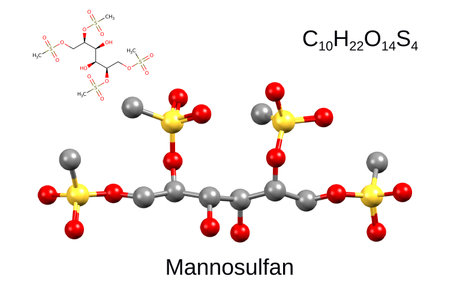 Chemical formula, skeletal formula, and 3D ball-and-stick model of chemotherapeutic drug mannosulfan, white backgroundの写真素材