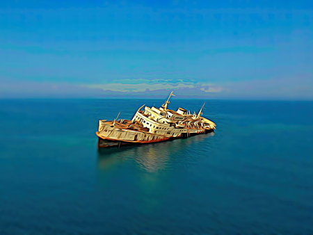 Artistic representation of a shipwreck in the blue sea, expressionism style, focal blurの写真素材
