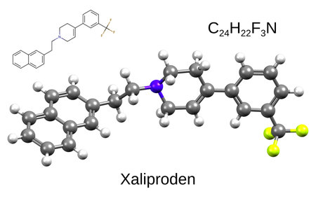 Chemical formula, skeletal formula and 3D ball-and-stick model of a serotonin A receptor agonist, xaliprodenの写真素材