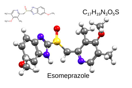 Chemical formula, skeletal formula and 3D ball-and-stick model of the proton pump inhibitor, esomeprazole, white backgroundの写真素材