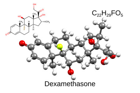 Chemical formula, skeletal formula and 3D ball-and-stick model of the glucocorticoid immunosuppressor dexamethasone, white backgroundの写真素材
