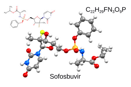 Chemical formula, skeletal formula and 3D ball-and-stick model of an antiviral drug sofosbuvir, white backgroundの写真素材