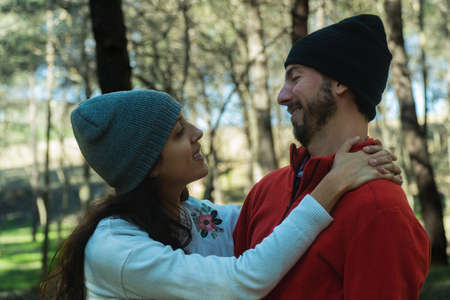 Young couple hugging during a trekking dayの写真素材