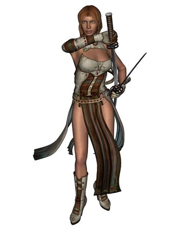 3D rendered fighting woman samurai with katana on white background isolatedの写真素材