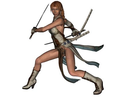 3D rendered fighting woman samurai with katana on white background isolatedの写真素材