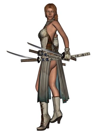 3D rendered fighting woman samurai with katana on white background isolatedの写真素材