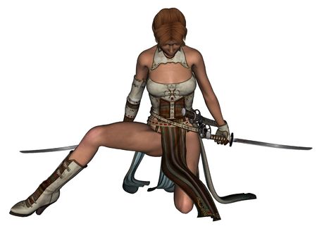 3D rendered fighting woman samurai with katana on white background isolatedの写真素材