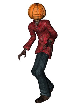 3D rendered Halloween man with pumpkin head isolated on white backgroundの写真素材