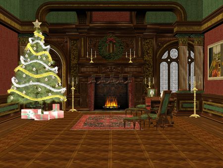 3D rendered christmas room with tree, presents and decorationsの写真素材
