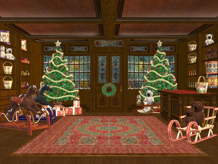 3D rendered christmas shop with tree, presents and decorationsの写真素材
