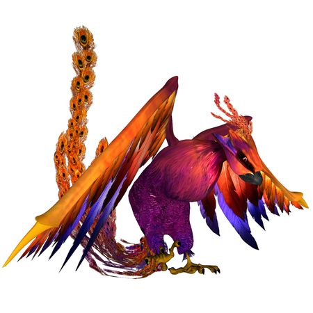 3D rendered fantasy phoenix bird on white background isolatedの写真素材
