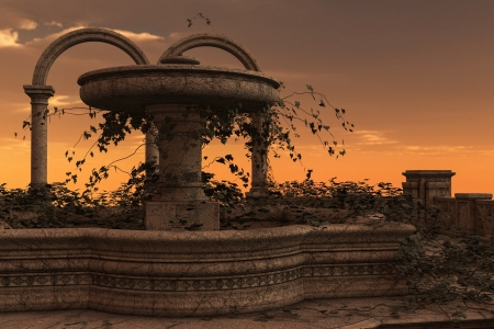 3D rendered illustration of ancient ruins of fountain on sunsetの写真素材