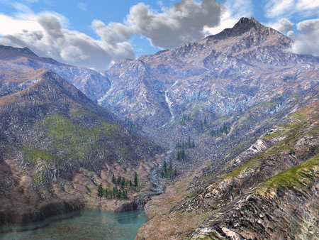 3D rendered spring mountains with snow tree and lakeの写真素材