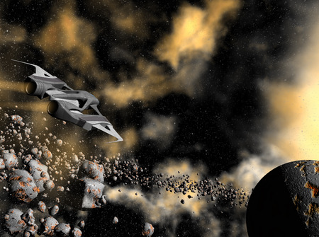 3D rendered space ship flying above asteroids in universeの写真素材