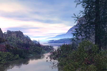 3D rendered fantasy river scene illustration on sunsetの写真素材