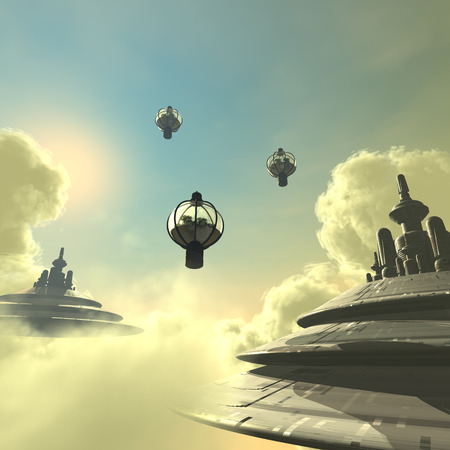 3D rendered scifi cloud city with clouds and space shipの写真素材